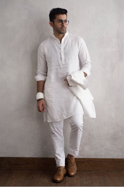 Picture of White Classic Linen Kurta With Cotton Pant Pajama