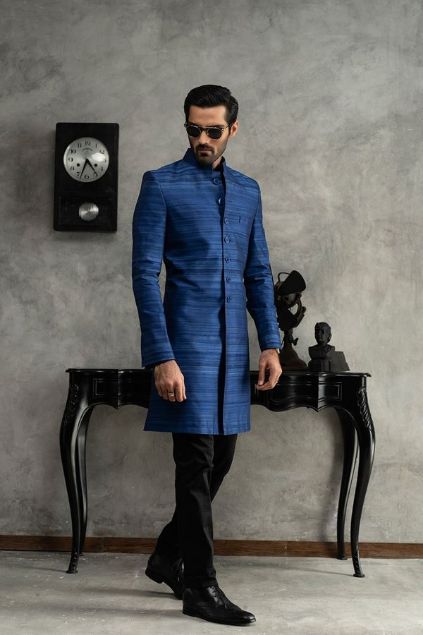 Picture of Royal Blue Short Length Raw Silk Sherwani