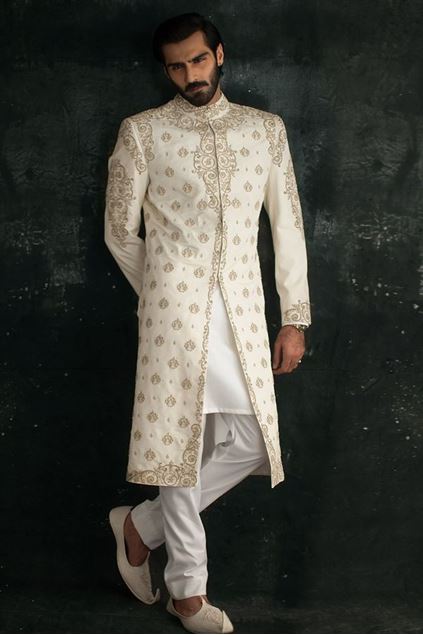 Picture of Off White Raw Silk Embroidered Sherwani