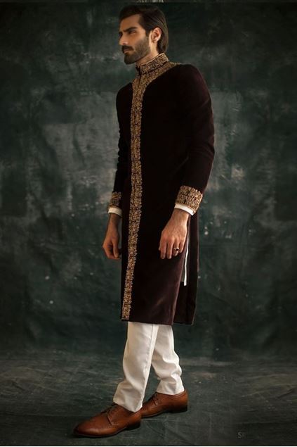 Picture of Deep Maroon Velvet Embroidered Sherwani