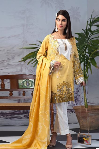 Picture of Yellow Stitched Printed Lawn Suit