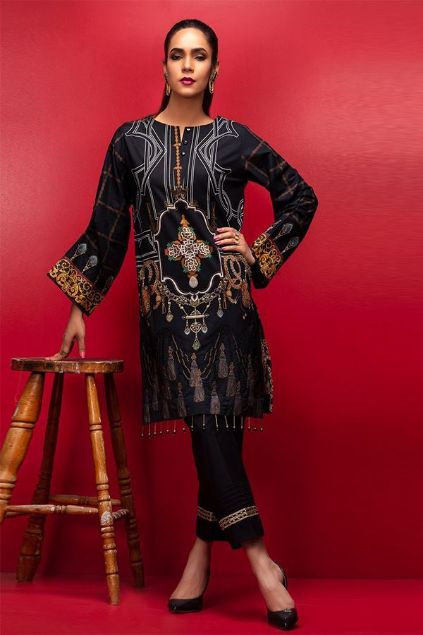 Picture of Black Stitched Digital Printed Embroidered Kurta