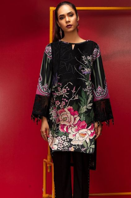 Picture of Black Stitched Printed Embroidered Lawn Kurta