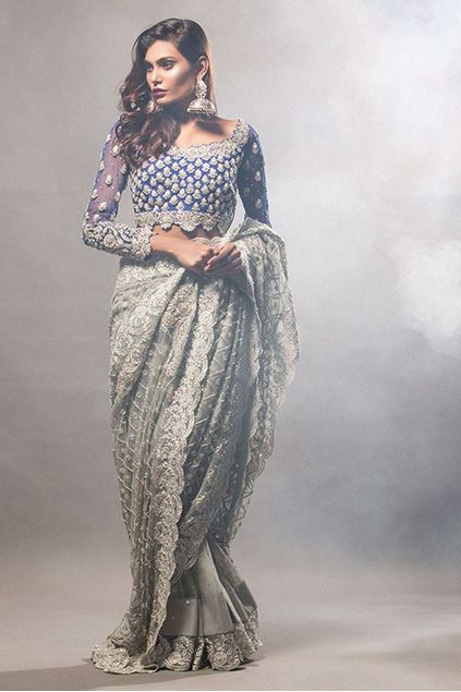 Picture of Grey Saree with Cobalt Blue Blouse
