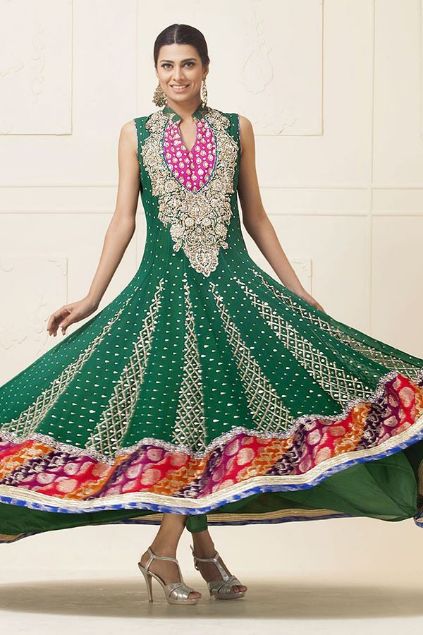 Picture of Emerald Green Chiffon Jamawar Dress