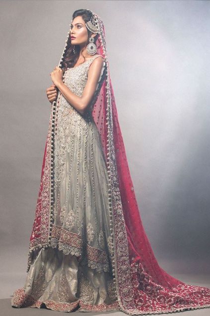 Picture of Grey Net Shirt and Lehnga With Red Dupatta