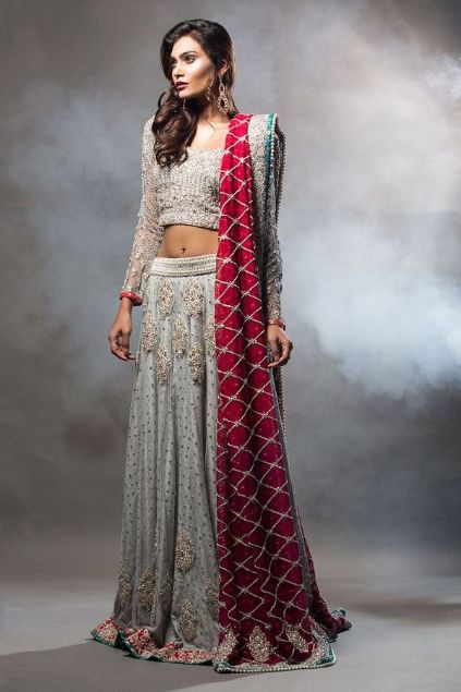 Picture of Grey Lehnga Choli With Red Dupatta