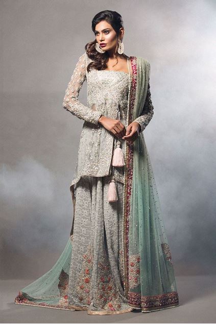 Picture of Ash Grey Short Angarkha With Mint Dupatta