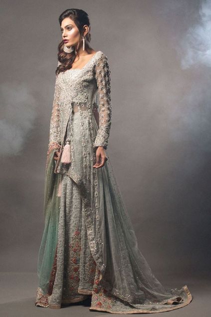 Picture of Ash Grey Short Angarkha With Mint Dupatta