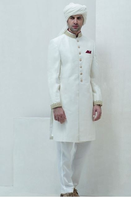 Picture of Off White Raw Silk Embroidered Sherwani