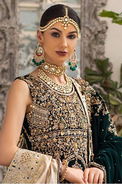 Moazzam Khan Party Wear Bridals Maxi with Dupatta in Green for Women