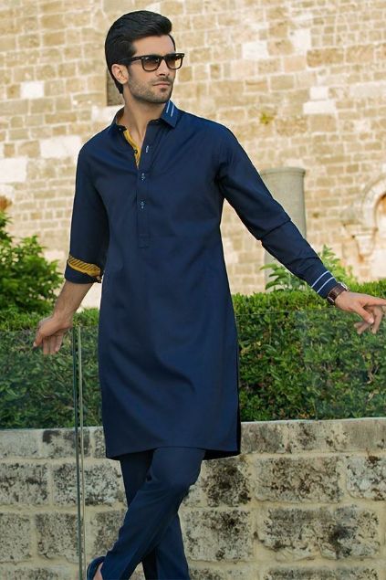 Picture of Blue collared cotton kurta