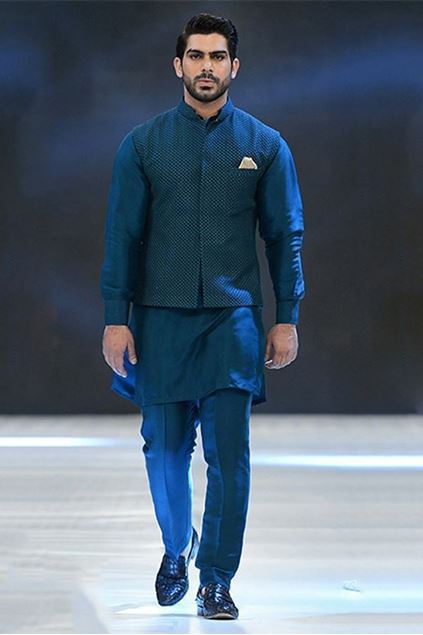 Picture of Teal Raw silk waistcoat with Kurta Pant