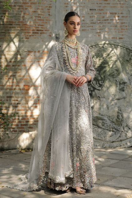Moazzam khan Bridal Party Wear Net Maxi with Tasseled Dupatta