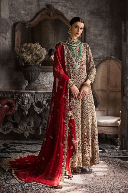 Moazzam Khan Bridals Chiffon Maxi with Tassels and Stone Balls in Red For Women