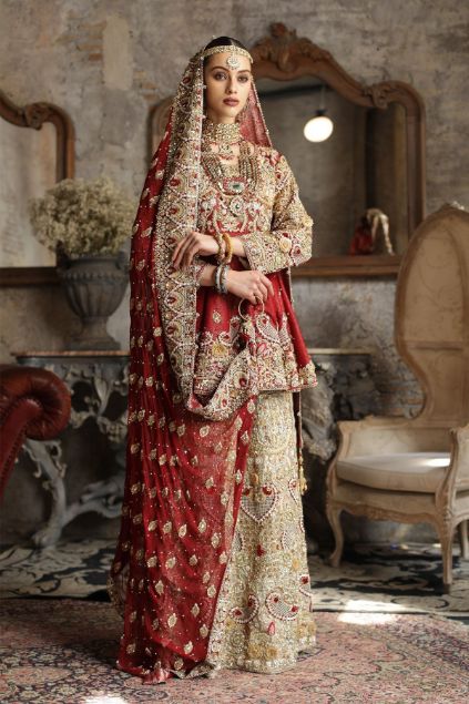 Moazzam Khan Bridal Peplum Gharara with Dupatta in Red For Women