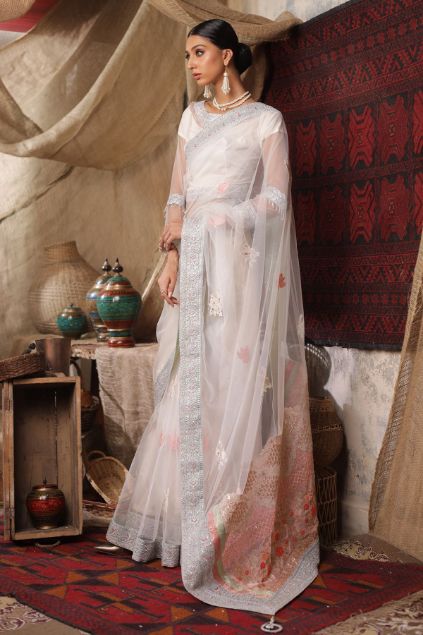 Moazzam Khan Formal 3 PC Saree Blouse Petti Coat in White for Women